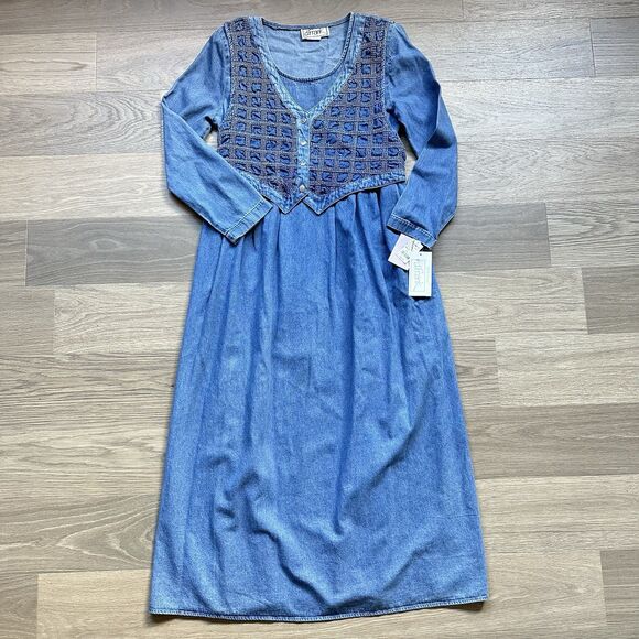 Vintage d. Frank Dress Women 10 Denim Blue Western Prairie Cottage Boho 90s - Picture 1 of 13